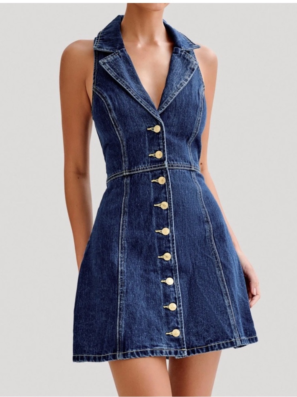 Meshki Dark Blue Denim Collared Button-Front Mini Dress